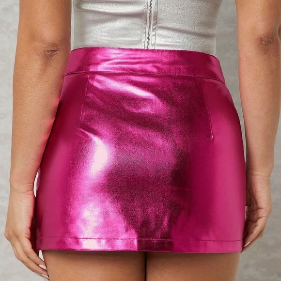Hot Pink Preppy Womens Zip Up PU Leather Bodycon Skirt - Picture 2 of 5
